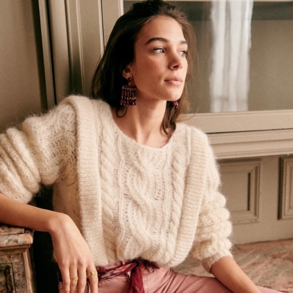 Sezane Open Back Cream Cable Knit Sweater